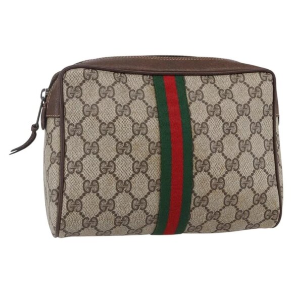 GUCCI GG Supreme Web Sherry Line Clutch Bag PVC Beige 156 01 012 Auth 149955 - Picture 1 of 16